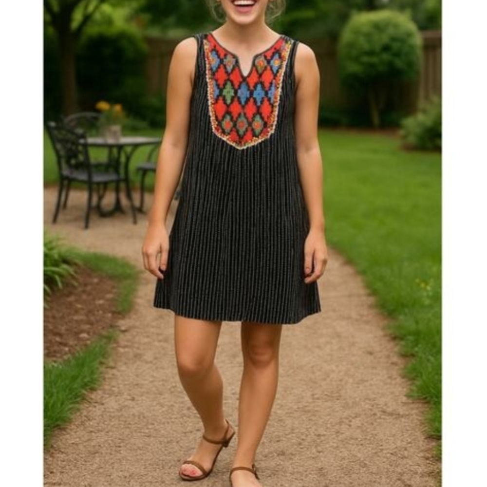 THML Black Geometric Embroidered Colerful Dress Tunic Sz.S NWT Boho Festival